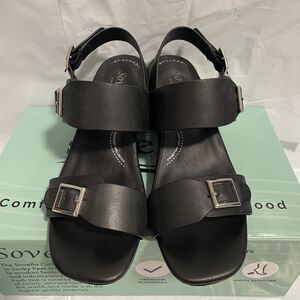 Sovella Women's Black Leather Strappy Buckle Block Heel Sandals US 6.5-7